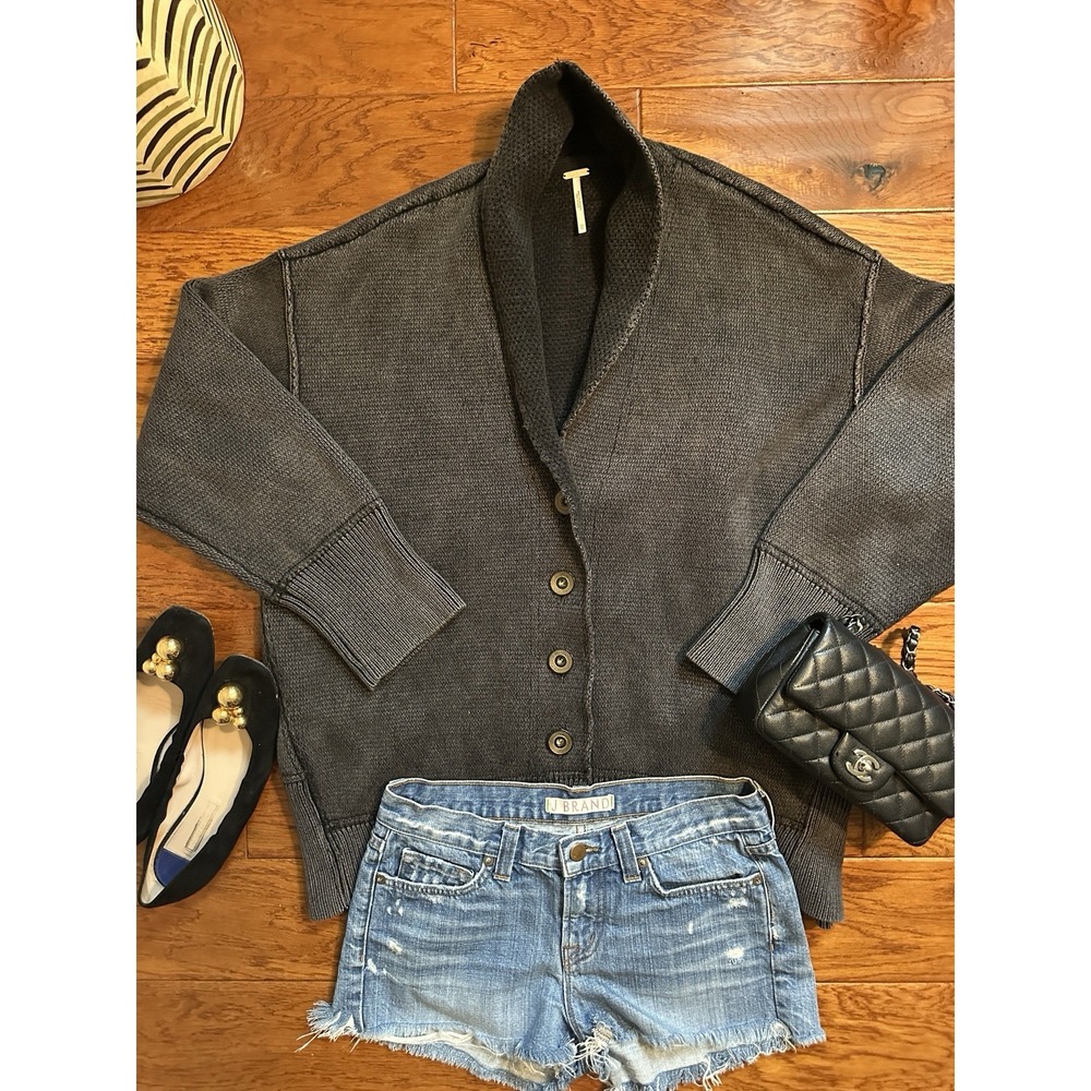 Free People Womens XS Charcoal Acid Wash Cotton Chunky Shawl Cardigan Jacket